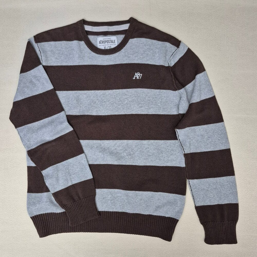 Aeropostale Sweater Mens XL Cotton Knit Striped Brown , Gray Long Sleeve